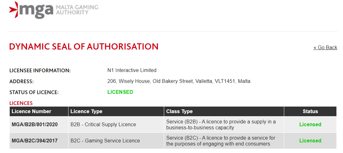 N1 Interactive Malta Gaming Authority License